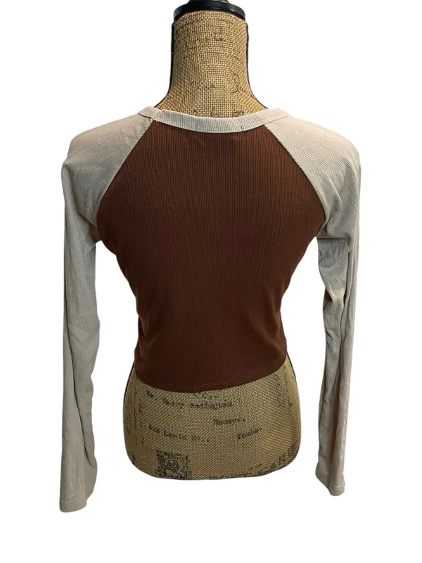 Brown & Cream Teddy Patch Long Sleeve Crop Top Size M - Image 2