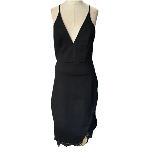 ASTR The Label Peeking Lace Plunge V Neck Bodycon Midi Dress Black Womens M - Image 5