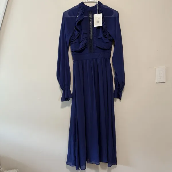 Rachel Parcell NWT Crinkle‎ Chiffon Navy Blue Floral Midi Dress Size 0 - Image 4