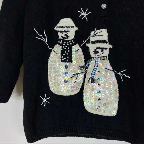 Susan Bristol Black Snowman Embroidered Sequin 3/4 Sleeve Sweater Womens Medium - Image 2