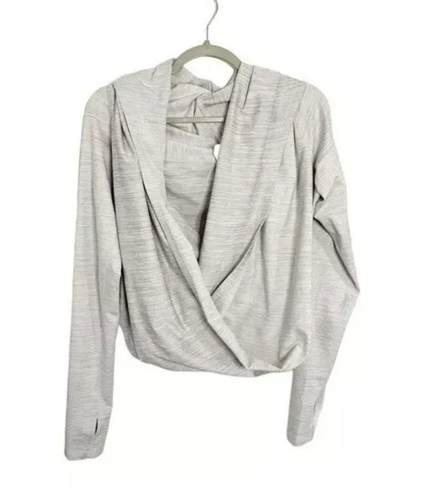 Athleta ZYIA Active Top Haze Shawl Long Sleeve Wrap Top Light Gray Size - Image 2
