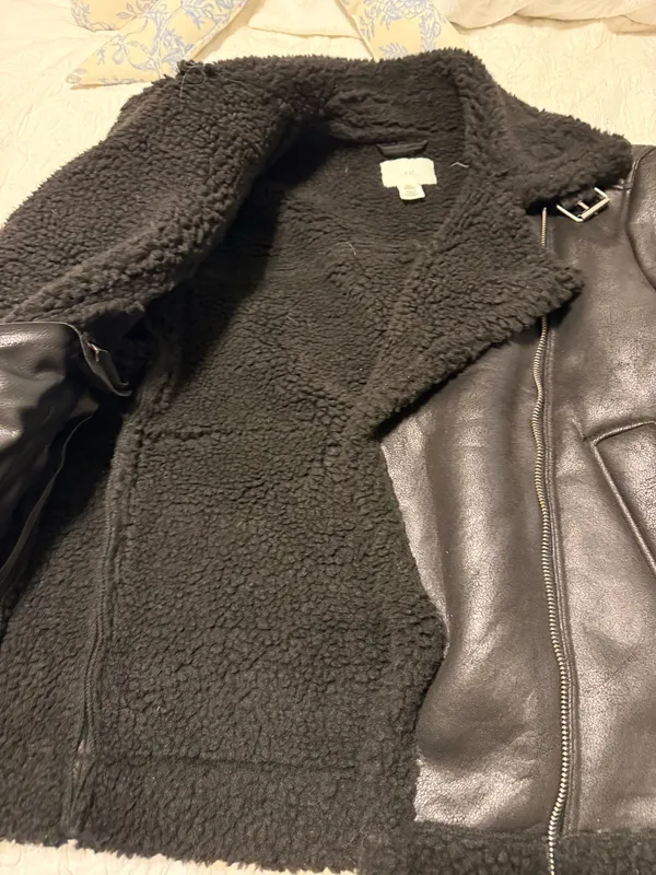 H&M Leather Fur Jacket Coat Winter Black Fur - Image 4