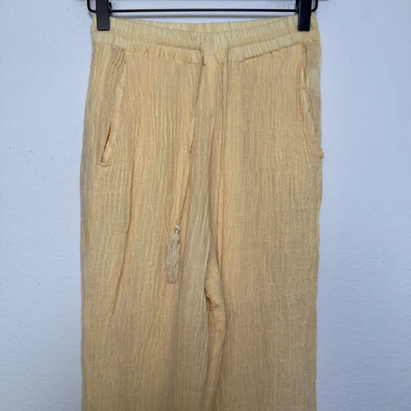 Monday‎ Women 100% Linen Pants P Yellow Wide Leg Gauze Summer Resort Vacation - Image 2