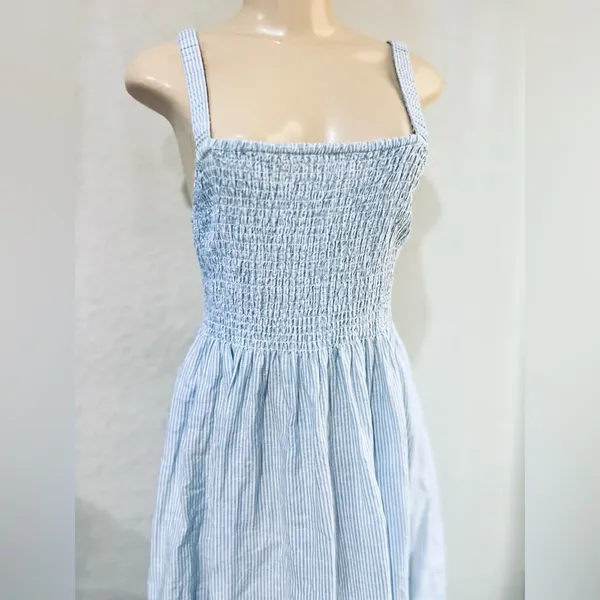 J.Crew Smocked beach dress in linen-cotton blend stripe size S 14” pit to pit stretchy - Image 14