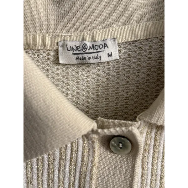 Linea Moda Italy Beige Button Down Knit Shirt M Glitter Thread‎ Short Sleeve - Image 5