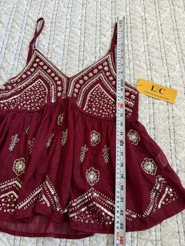 Lizette Collection XS Burgundy Beaded Sequin Babydoll Cami Boho Festival Y2K Top - Image 3