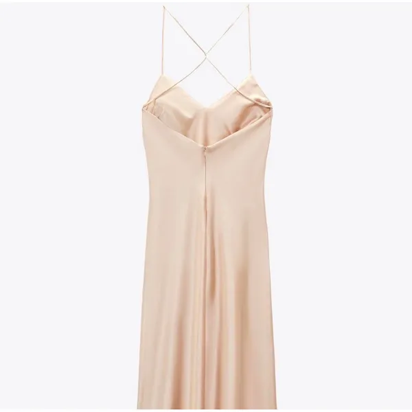 Zara Champagne Satin Maxi Slip Dress Cross Back V-Neck Sleeveless Pink Beige XS - Image 3