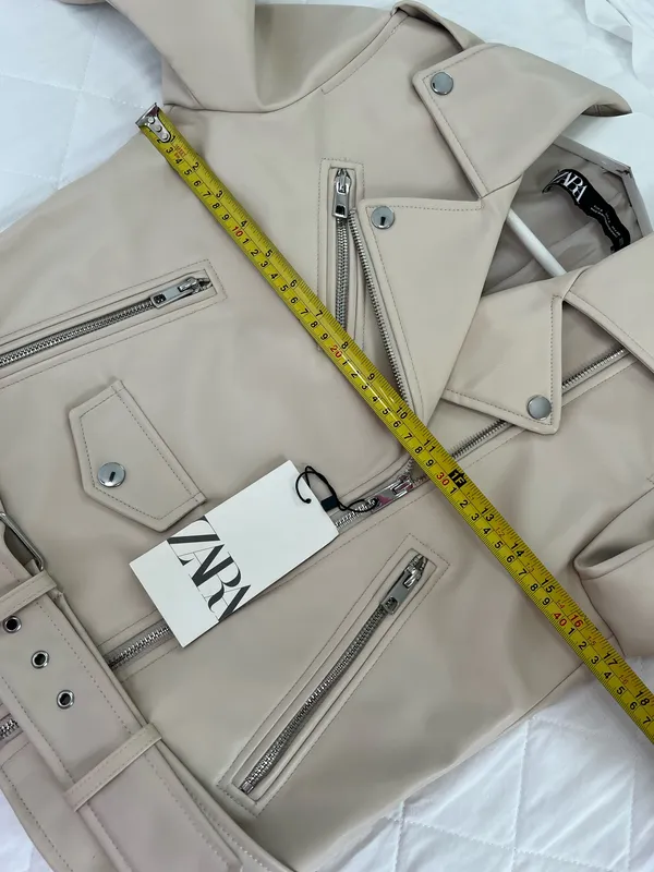 Zara Faux Leather Moto Jacket Biker Belted Streetwear Cream Ivory Size S - Image 9