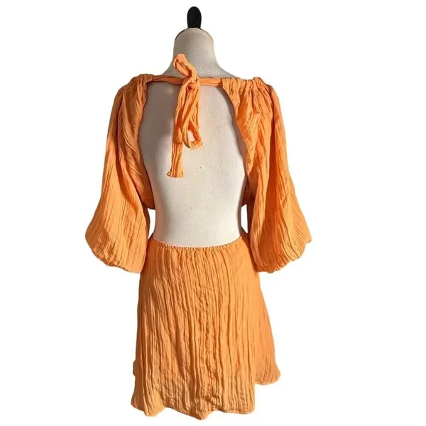 VICI Womens Open Back Balloon Sleeve Mini Dress Size S Orange Crinkle Textured - Image 8