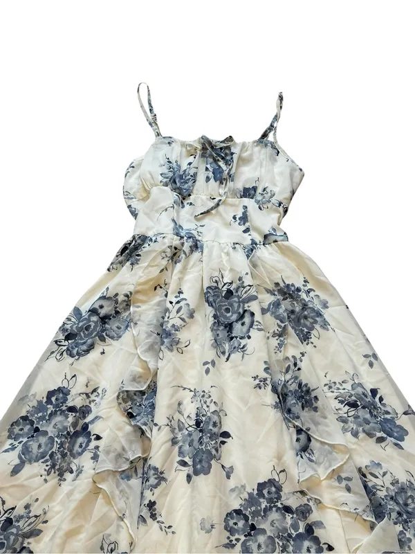 Womens Floral Midi Sundress Milkmaid Empire Waist Tie Front Ruffles Cottagecore - Image 3