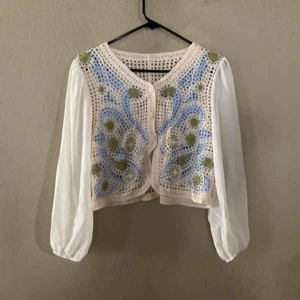 Mexican Crochet Floral Cardigan Women Size S Green Balloon Sleeve Boho NWOT - Image 6
