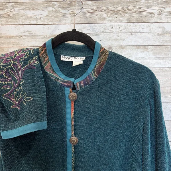 Vintage Nancy Bolen City Girl Womens M Silk Cardigan Teal‎ Tapestry Embroidered - Image 2