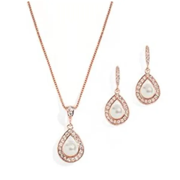 Mariell Rose Gold Pearl Necklace Drop Earrings Wedding Set Brides Bridesmaids - Image 2