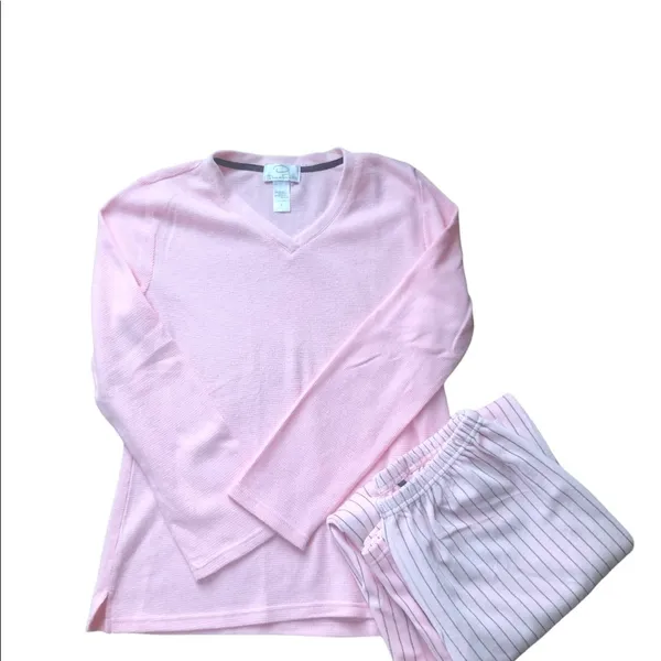 Oscar De La Renta Pajama Set Waffle Knit/Velour Striped V Neck Size S Cozy Fall - Image 3