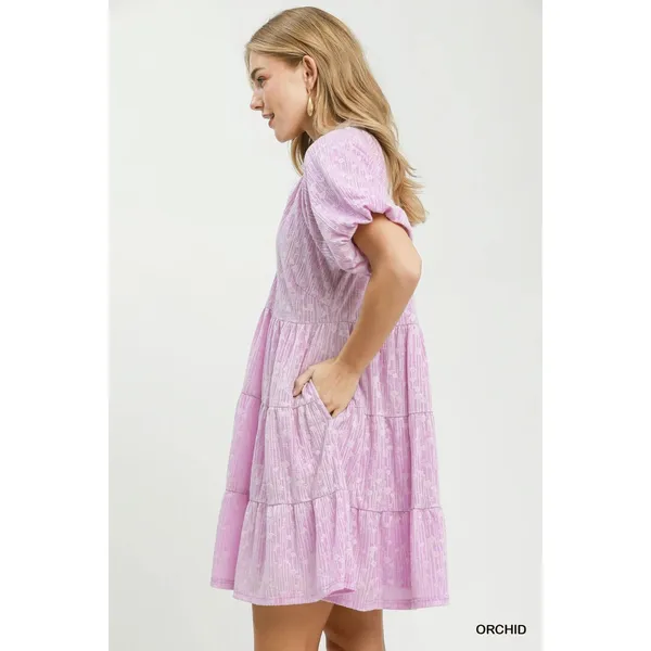 Umgee Jacquard Puff Sleeve Mini Dress - Orchid -‎ Small - Image 2