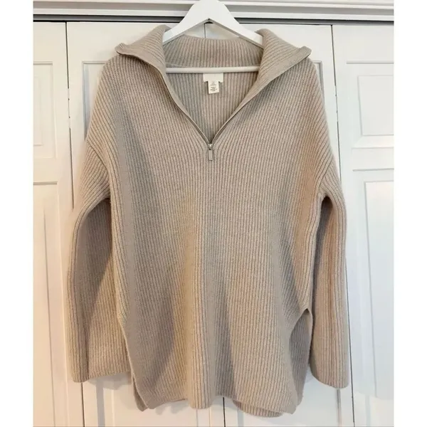 H&M light weight beige melange wool blend ribbed quarter zip sweater small - Image 2
