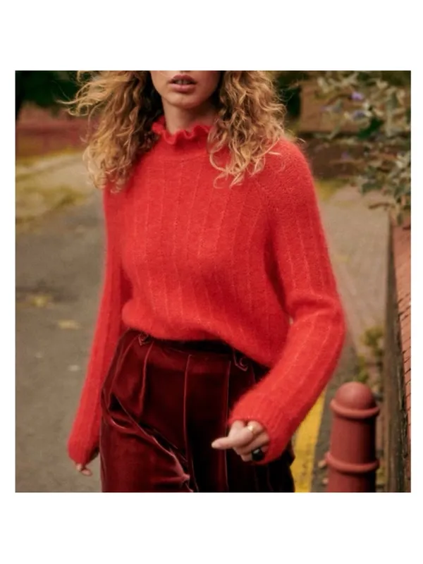 SEZANE Bright Red Mohair Merino Wool Knit Ruffle High Neck Sweater Loris Jumper - Image 5