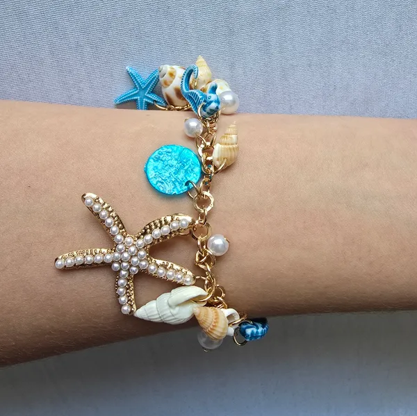 Ocean-Themed Charm Bracelet‎ with Blue and Gold Color Accents - Image 8