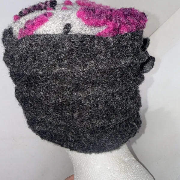 La Fenice Florence Italy Wool Blend Cloche Hat Grey Fuchsia Flower Made in Italy - Image 9