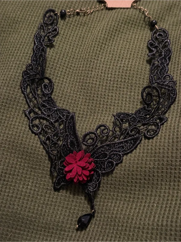 Goth Black Lace Choker Necklace with Red Flower Accent - Image 4