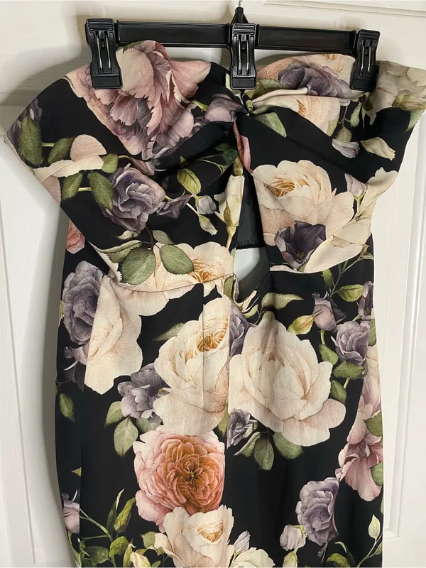 ASOS Black Floral Strapless Midi Dress Midsection Cutout Size 10 dark romance - Image 3