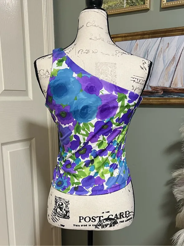 Vintage Jacobi Purple Floral One Shoulder Top SZ M 90s Y2K Whimsigoth Fairycore - Image 2