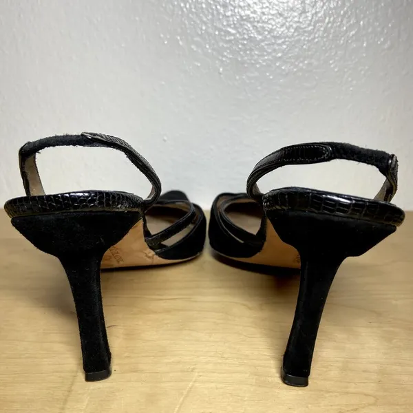 Manolo Blahnik Suede Sling Back Kitten Heel Straps Pointed Toe Black 37 6.5 - Image 4