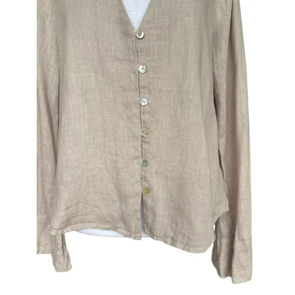 ZARA Linen Blouse Flared Bell Sleeves Button Up V Neck Beige Womens Small - Image 10