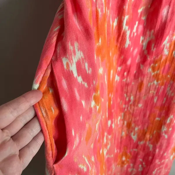 Time and Tru Flutter Sleeve Midi Dress Pink Orange Tie Dye Size M Pockets - Image 6