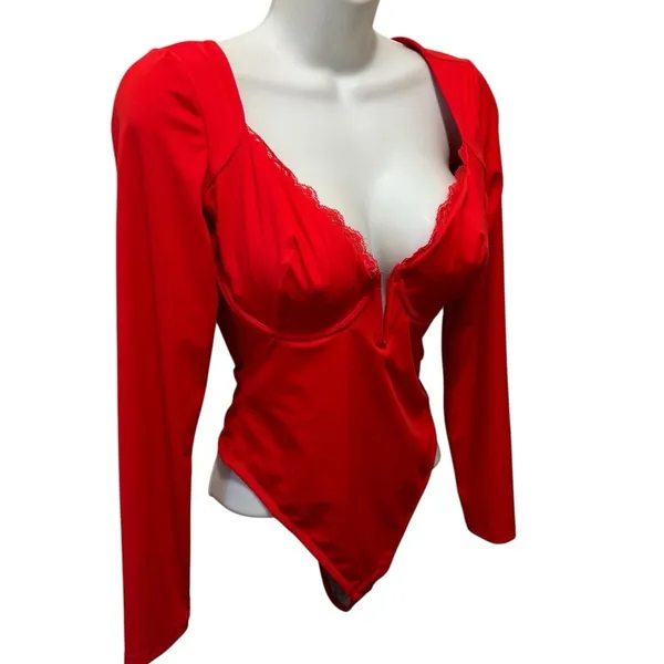 Popilush Shapewear Long Sleeve Lace Trim V-Neck Bodysuit Sz M/4-6 Red Coquette - Image 2