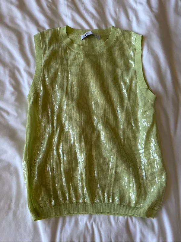 Zara Sequin Knit Sleeveless Top - Light Green - Image 3