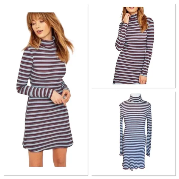 Urban Outfitters BDG Kaylyn Turtleneck‎ Y2K Ribbed Gray Stripe Mini Dress Large - Image 2