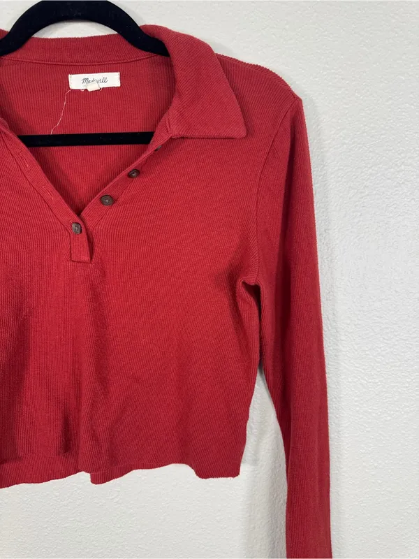 Madewell Red Ribbed Copped Henley Sweater Womens XS Casual Fall Long Sleeve - Image 5