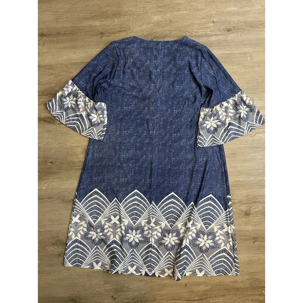 Chelsea Taylor 2X Blue Faux Denim Dress Lace Trim Ring Neck Stretch Midi Plus - Image 11