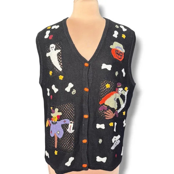 Vintage Karen Scott Halloween Sweater Vest Hand Embroidered Ghost Pumpkin Witch - Image 3
