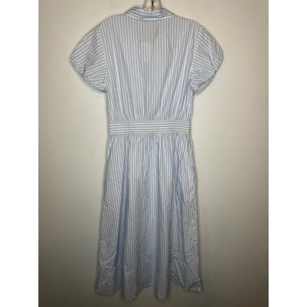 Loft Blue White Striped Midi Dress Puff Sleeve Button Front Tie Waist Size S - Image 6