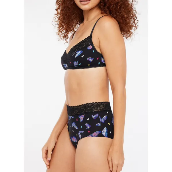 Savage X Fenty Cotton Essentials Unlined Bra Lace Bad Butterfly Black Size M Breathable Fabric: Soft and stretchy signature cotton-jersey body construction for comfortable, all-day lounge or streetwear wear.Unlined Support: Features lightweight, unlined 3-layer underwire cups and supportive wings designed to hug and lift your natural shape without extra bulk.Signature Details: Finished with delicate, tonal scalloped logo lace trim running along the cups.Custom Fit: Features fully adjustable shoulder straps and a classic hook-and-eye back closure with tonal nylon-coated hardware.Materials: Body is 95% Cotton, 5% Elastane; Delicate Lace trim is 82% Polyamide, 18% Elastane.Care Instructions: Hand wash cold, lay flat to dry. - Image 6