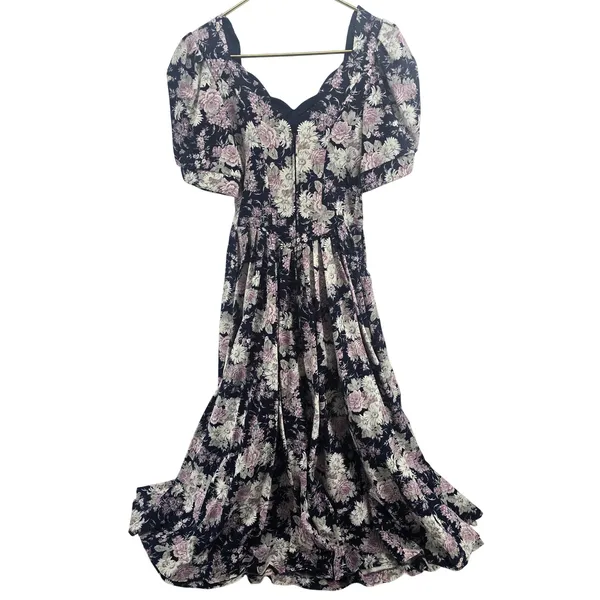 Laura Ashley Dress Womens 10 Floral Puff Sleeve Maxi Navy Pink V-Neck EUC - Image 2