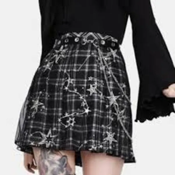 DARK IN LOVE Mini Plaid Skirt KILT GOTH WHIMSY STARS Small S - Image 7