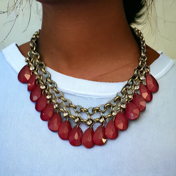 Bronze tone cranberry teardrop dangle statement necklace Red - Image 5