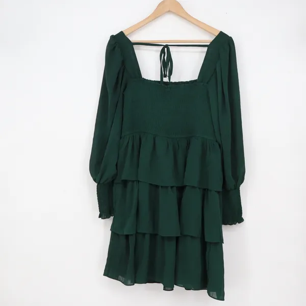 Shein Dark Green Smocked Tiered Ruffle Long Sleeve Mini Dress XL - Image 4