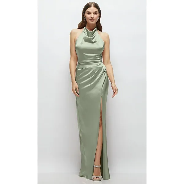 Lovely Noor Cowl Halter Open-Back Satin Maxi Dres‎ In Sage Size XS - Image 4
