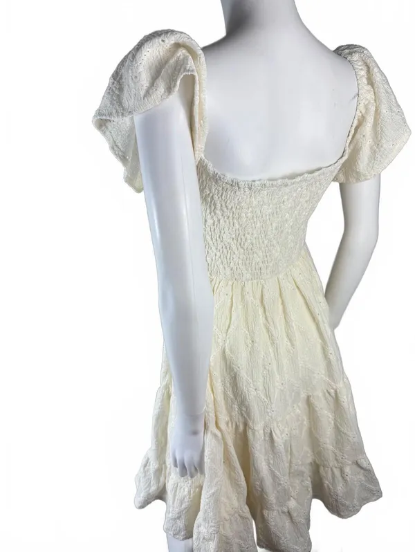 Cream Smocked Puff Sleeve Mini Dress Size S - Image 4