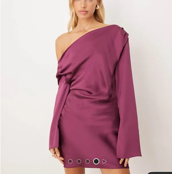 ASOS Design satin drape long sleeve off the shoulder mini dress in plum - Image 3
