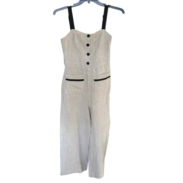 Staud 100% Linen Beige Wide Leg Jumpsuit Belt Missing Size 6 - Image 2