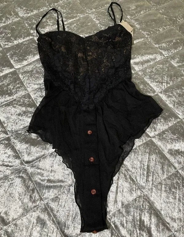 NEW HAH by Free People Womens XS Black Skate HAHround Romper lace button accent - Image 6