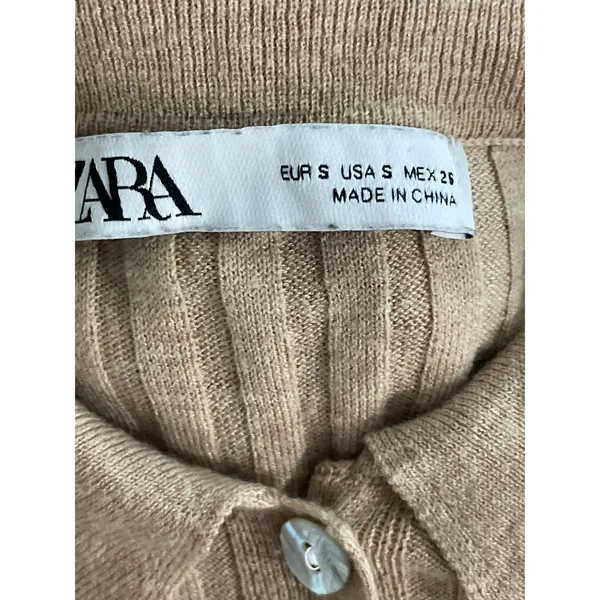Zara Tan Rib Knit Wool Long Sleeve Collared Button Down Cardigan Sweater Top S - Image 5