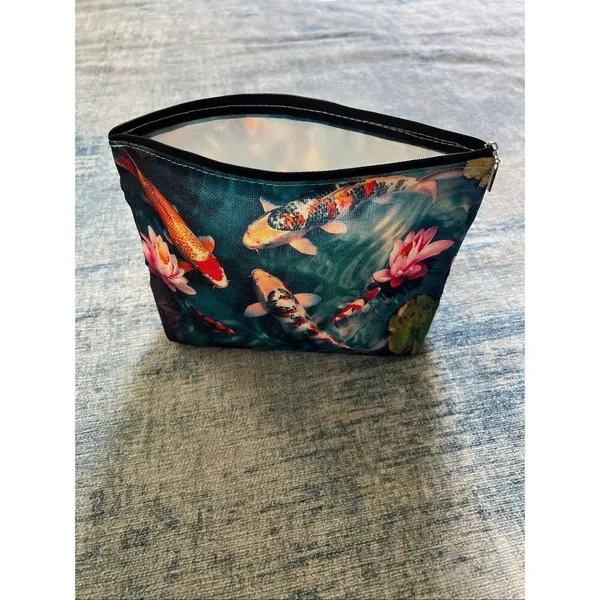 Japanese Koi Fish Flower Cotton Canvas Small Makeup Bag Travel Toiletry Pouch - Image 5