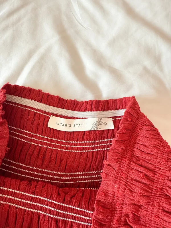 Altar’d State Burgundy Pleated Dot Ruffle Mini Skirt Size Small - Image 3