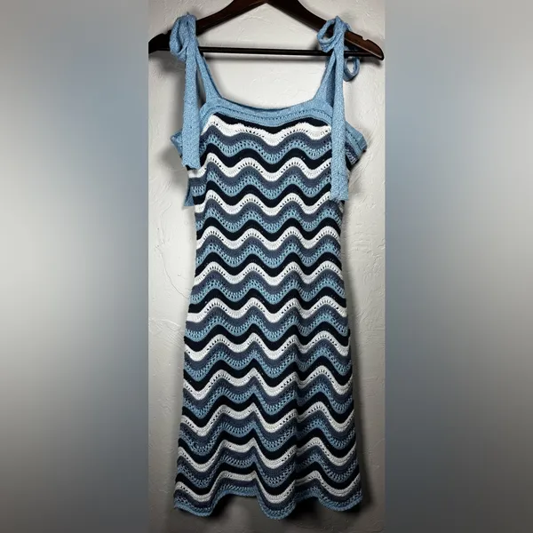 FCT With Love *FLAWED*‎ Crochet Blue and White Wave Mini Dress Size Large - Image 3